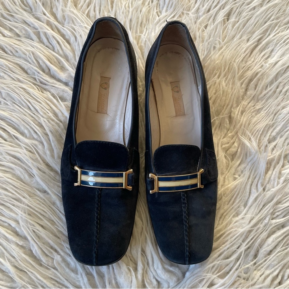 Gucci Vintage Blue Suede Chain-Link Accent Block Heel Square Toe Pumps Size 8.5 - Picture 7 of 12